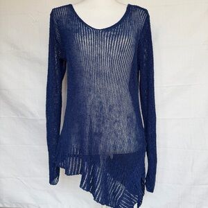 Eileen Fisher Lagenlook Blue Sweater Asymmetrical Linen Blend Size Large